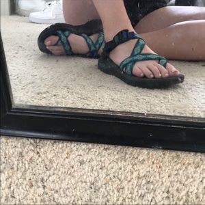 blue white and black chacos